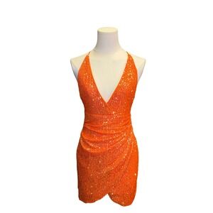 Blanc Clothing Orange Sequin Mini Dress V-Neck Ruched Open Back Party Small